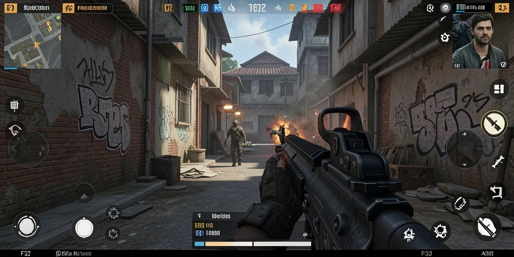 Screenshot F32 menampilkan aksi intens dalam game FPS.