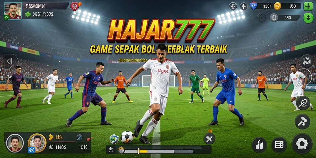 Tangkapan layar gameplay <strong>HAJAR777</strong> yang menampilkan aksi sepak bola yang mendebarkan.