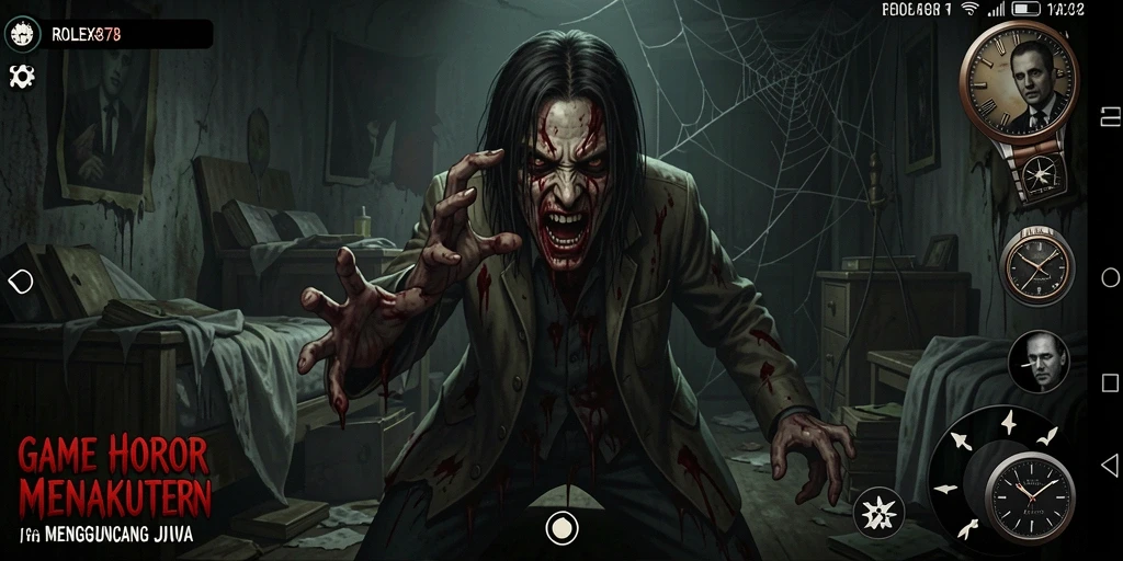 Screenshot ROLEX878 menampilkan momen mendebarkan dalam suasana horor yang gelap.