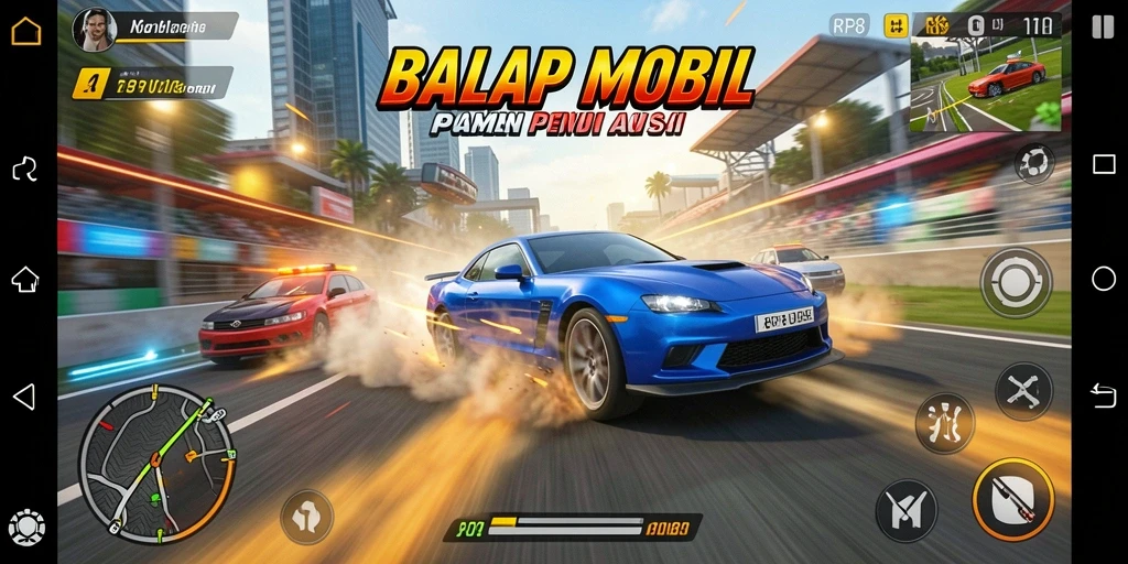 Screenshot gameplay RP8 menampilkan aksi balap yang mendebarkan.