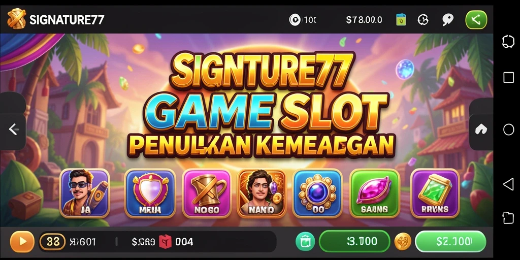 Screenshot SIGNATURE77 menampilkan gameplay slot yang menarik dan penuh warna.