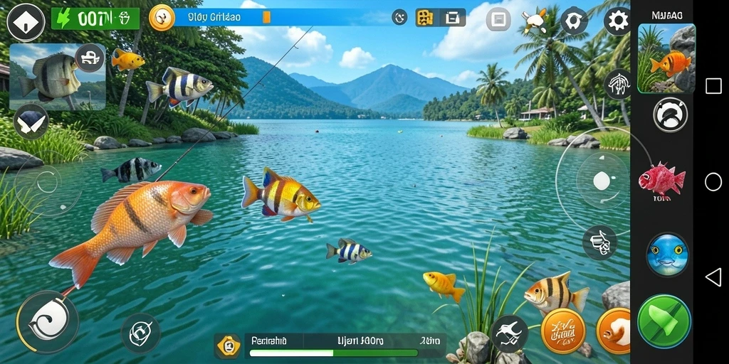Screenshot gameplay V07 yang menggambarkan momen memancing yang seru.